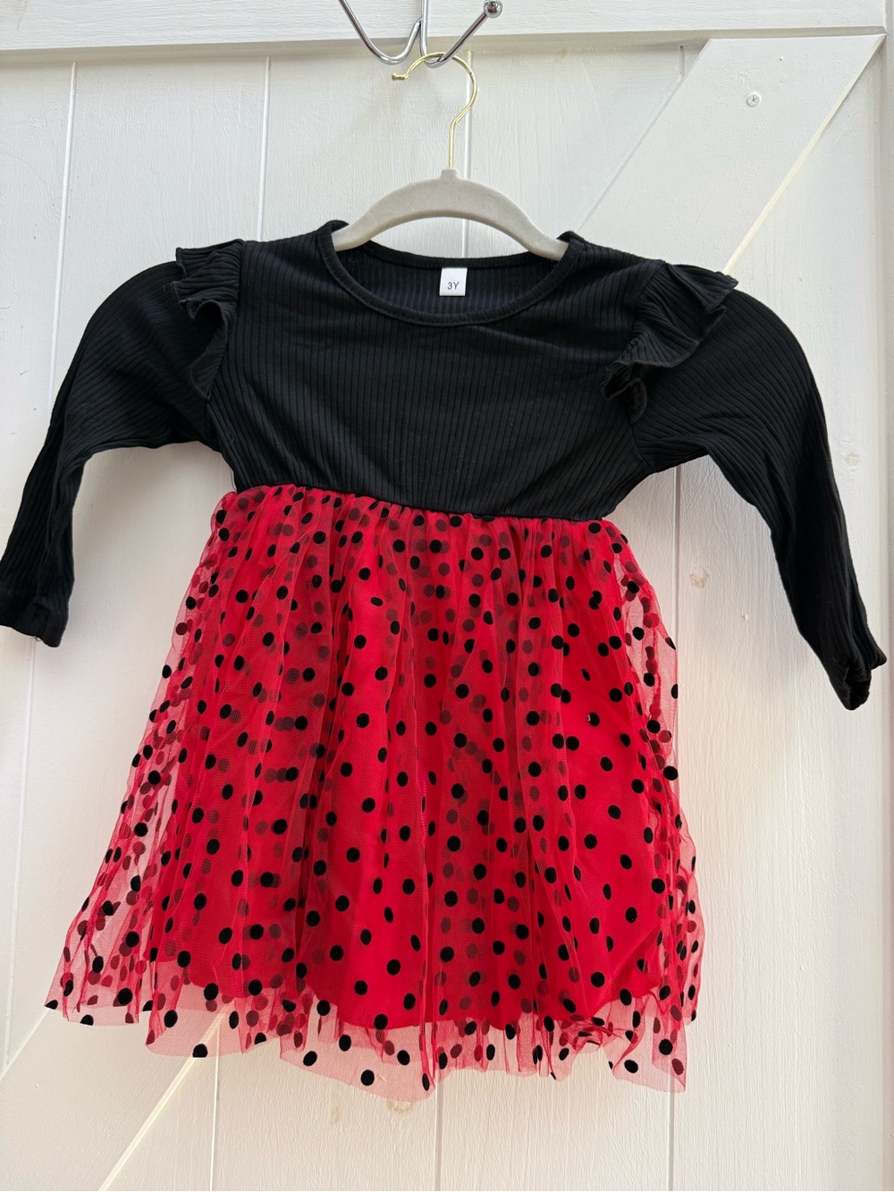 3T Black Long Sleeve Red Polka Dot Tulle Dress